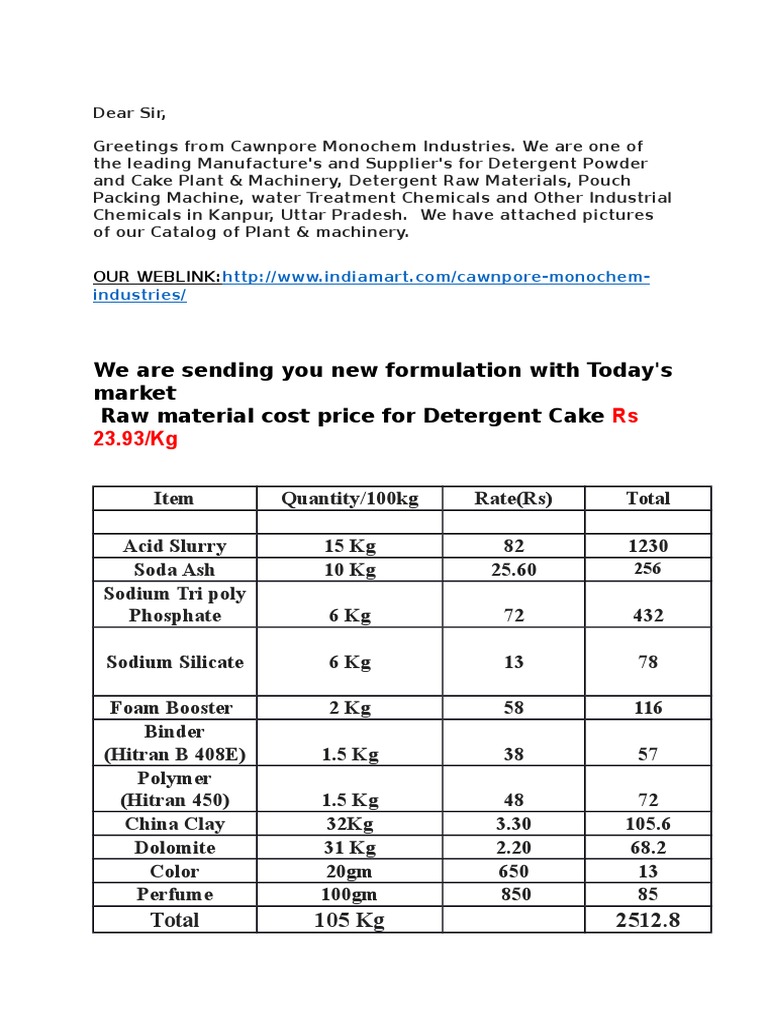 Detergent Cake Formulation Sodium Carbonate Value Added Tax