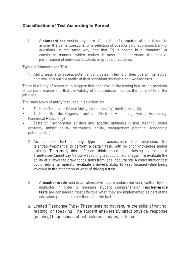 Classification of Test According to Format | Question | Test (Assessment)