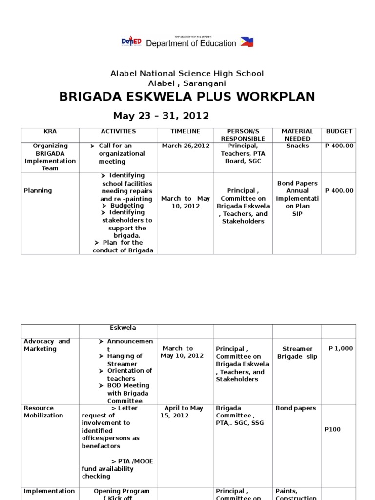 Brigada eskwela workplan business
