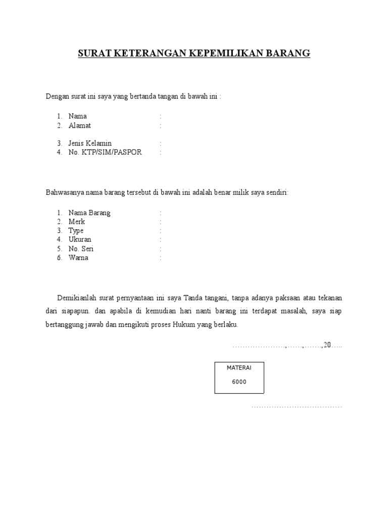 Surat Keterangan Kepemilikan Barang Pdf