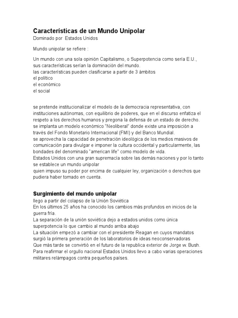 Características del Mundo Unipolar | PDF | Superpoderes | Estado (política)