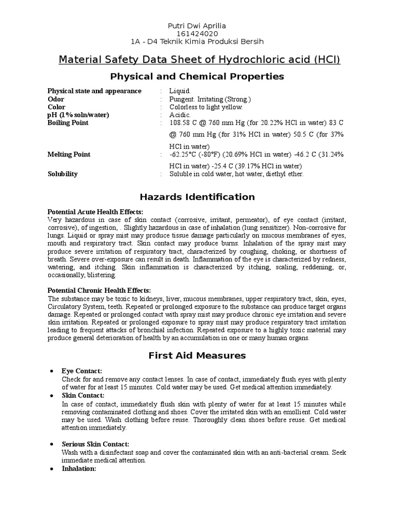 Material Safety Data Sheet of Hydrochloric Acid (HCL) Physical and