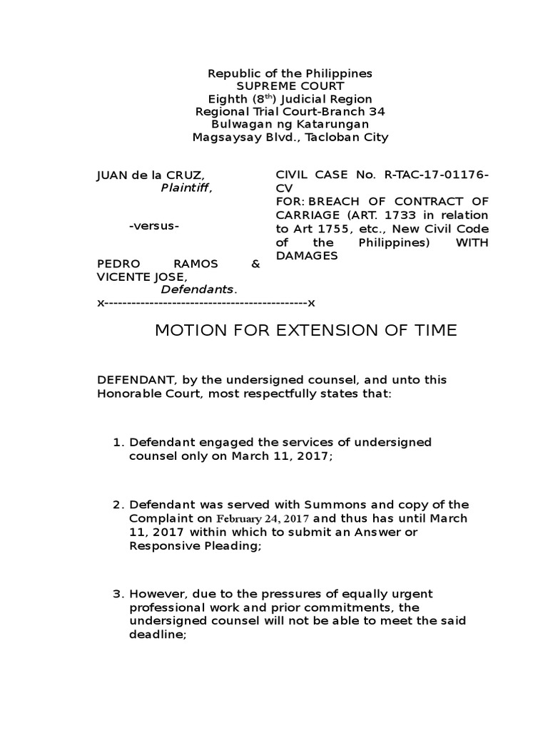 Motion for Extension of Time to Answer | PDF | Pleading | Lawsuit