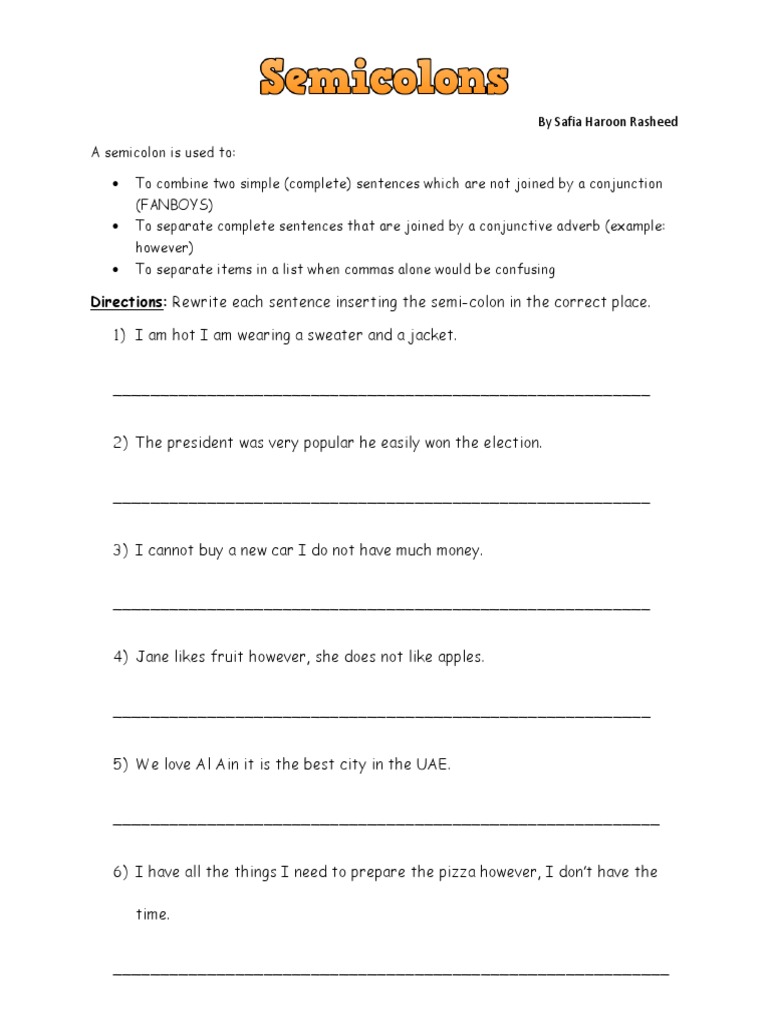 semicolon homework year 6