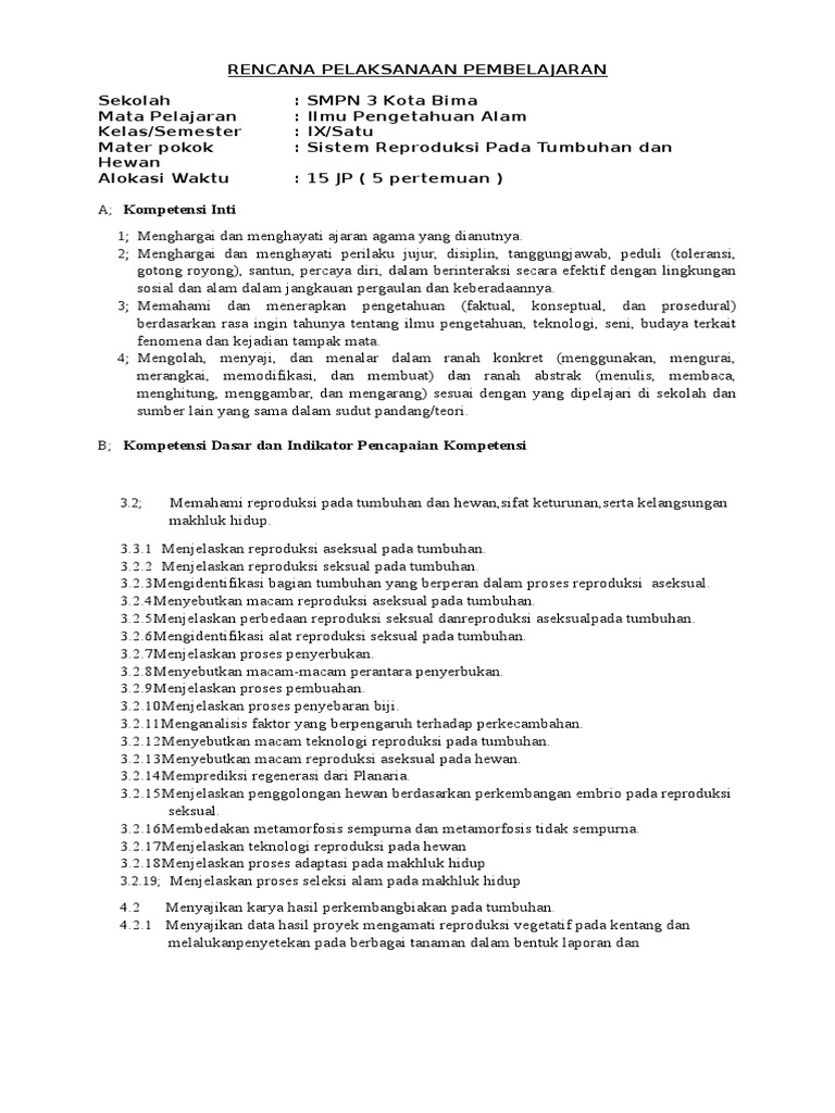 Rpp Bab 2 Repr Pada Tum Dan Hewan 22 Rtf