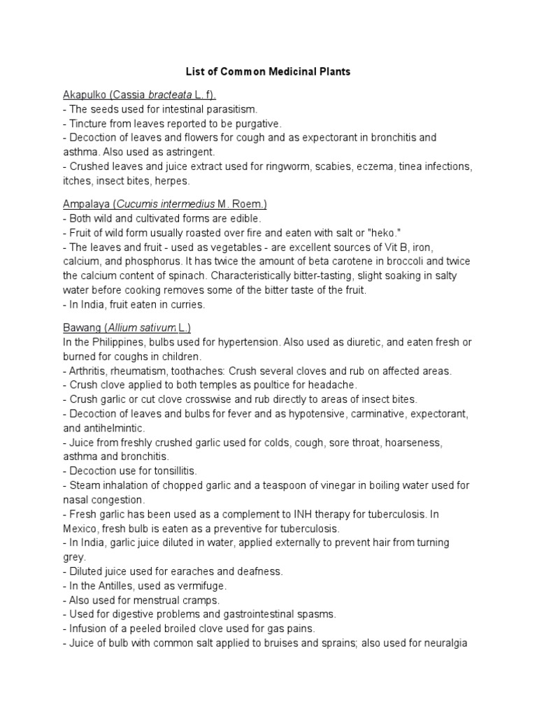 List of Common Medicinal Plants PDF Garlic Ginger