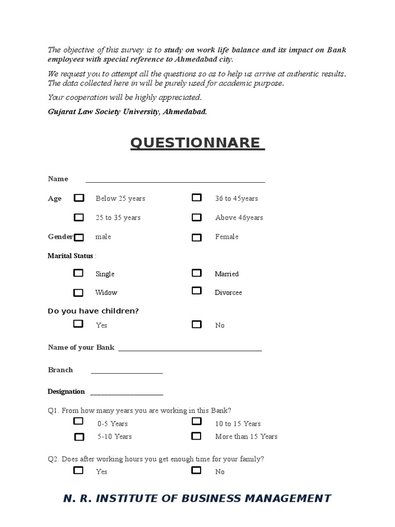 Questionnaire On WLB | PDF | Work–Life Balance | Questionnaire