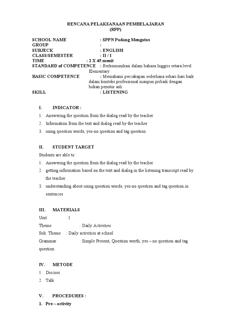 RPP Bhs. Inggris Kelas XI Question English Language