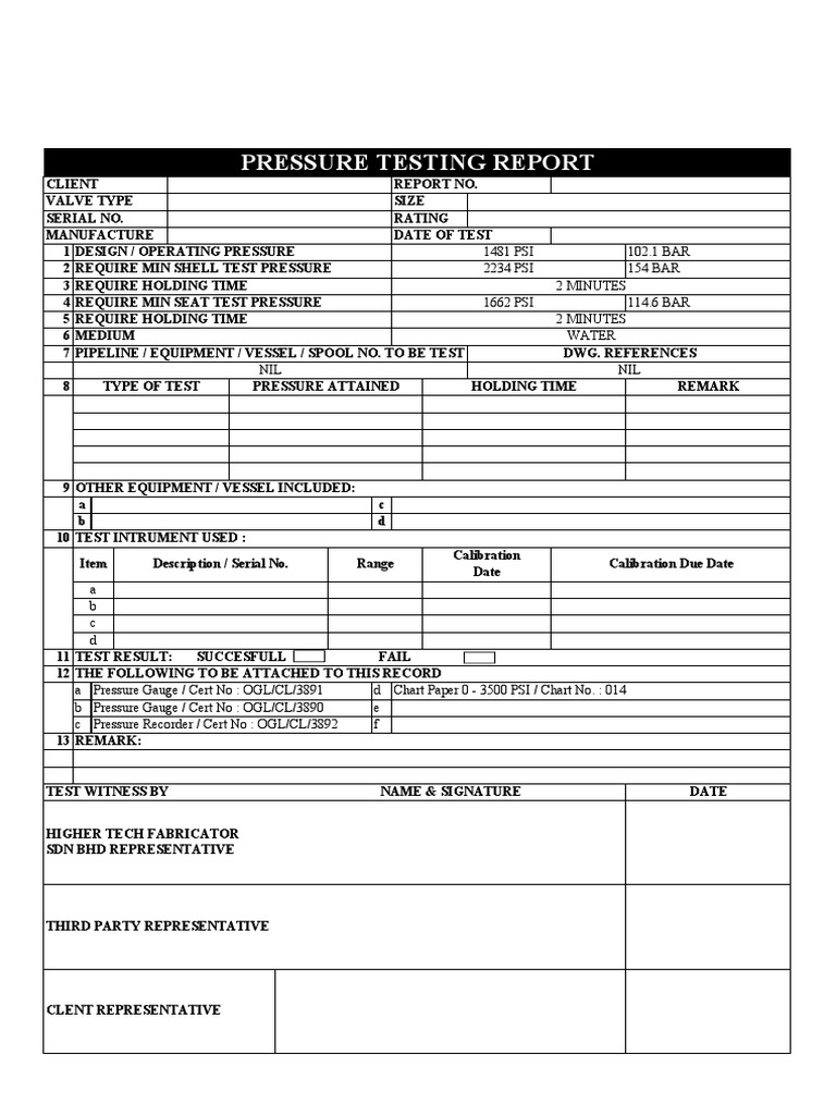 Pressure Test Report - Sample | PDF