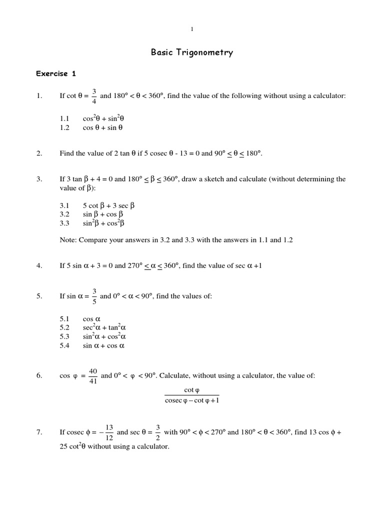 Basic Trigonometry Exercise 1 PDF