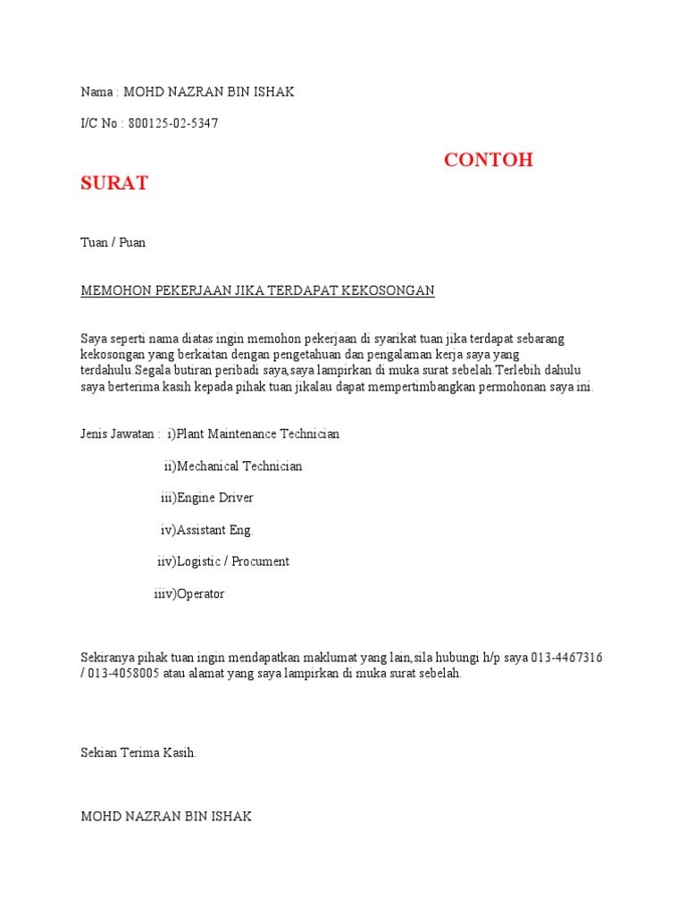 Surat Permohonan Kerja Pdf