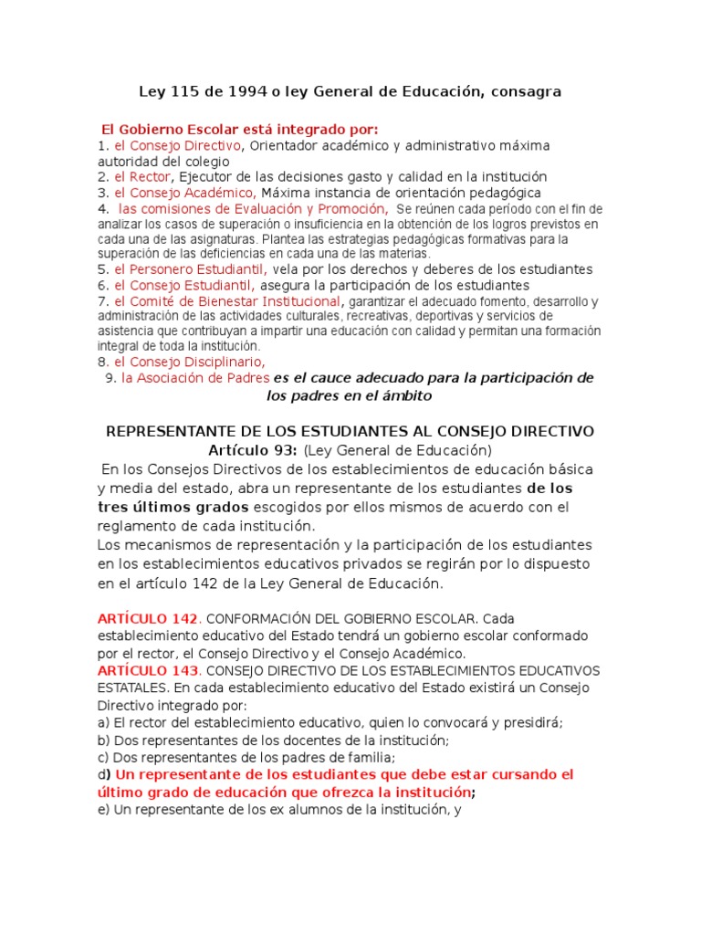 Gobierno Escolar según Ley 115 de 1994 | PDF | Toma de decisiones ...