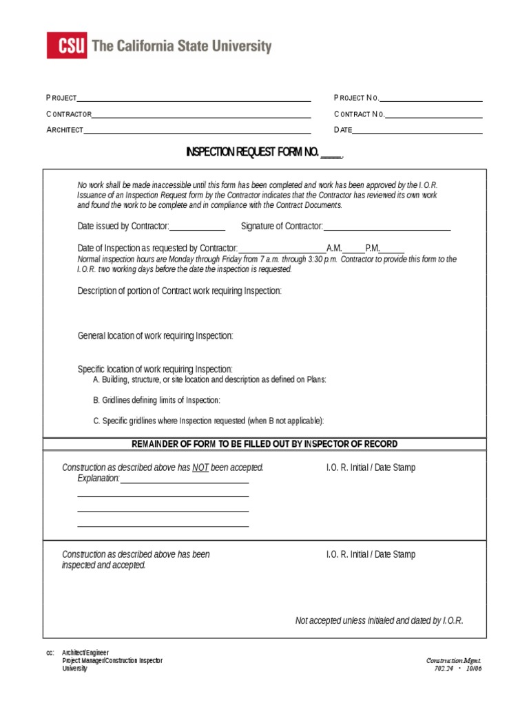 Inspection Request Form No. - : P P N - C C N - A D | PDF