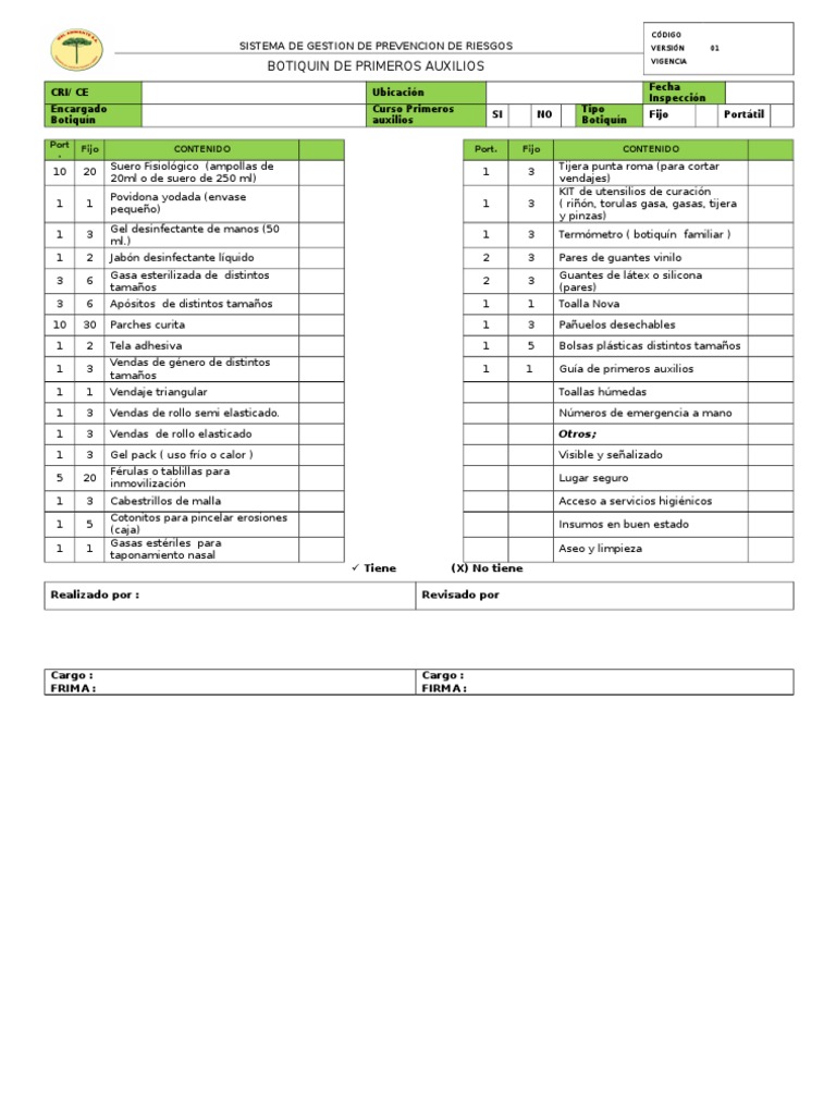 Checklist Botiquín de Primeros Auxilios | PDF | Primeros auxilios ...