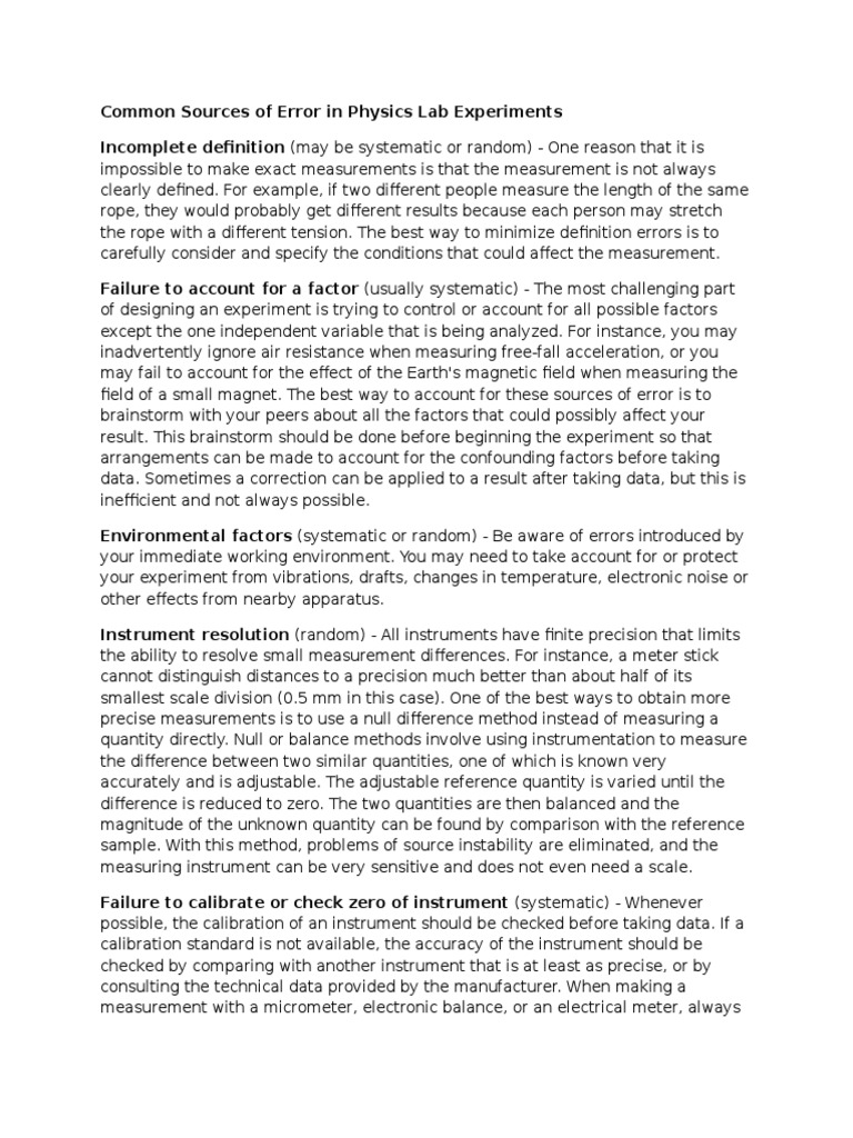 Common Sources of Error in Physics Lab Experiments | PDF | Measuring ...