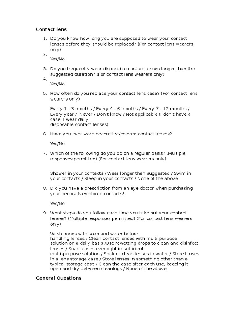 Questionnaire PDF Contact Lens Optometry