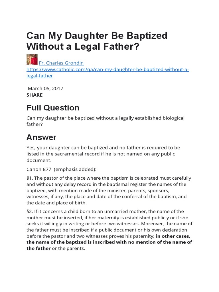 Can My Daughter Be Baptized Without A Legal Father PDF