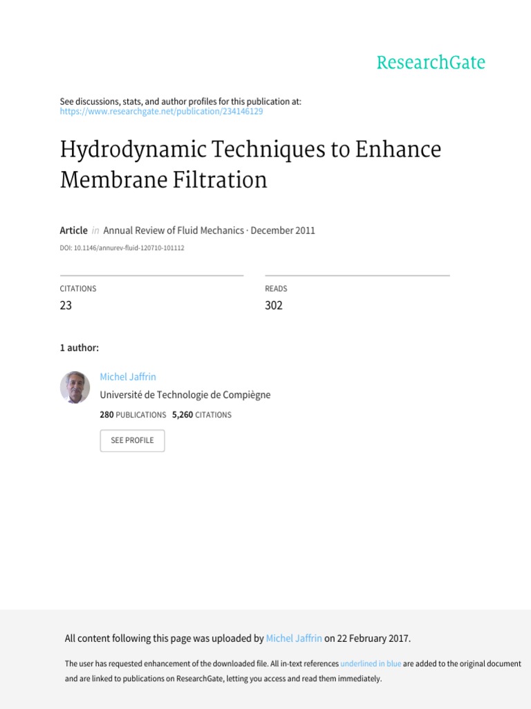 Hydrodynamic Techniques To Enhance Membrane Filtration Annual Review