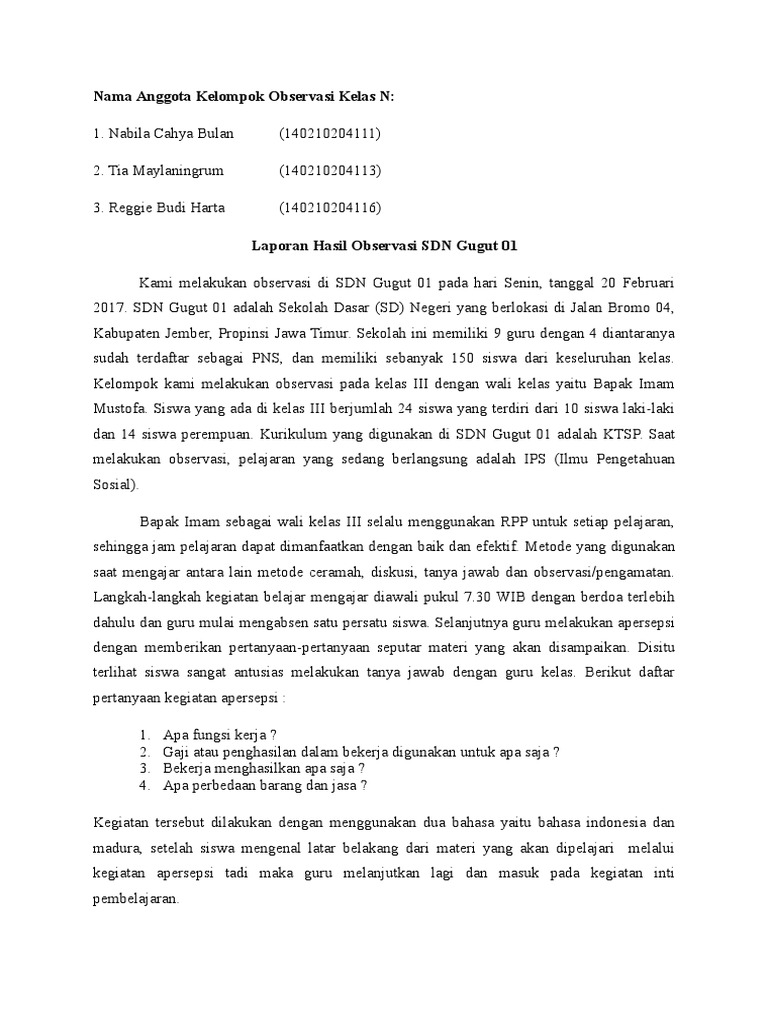 Laporan Hasil Observasi Sdn Gugut 1
