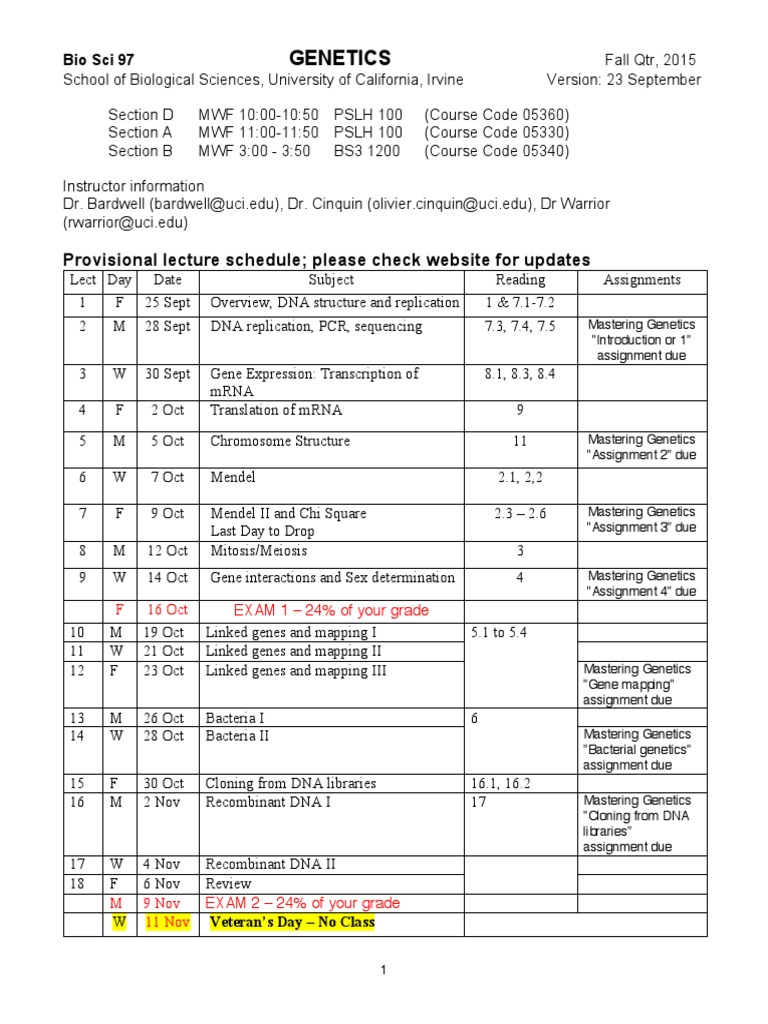 Genetics Course Syllabus Fall 2015 | PDF | Gene | Genetics