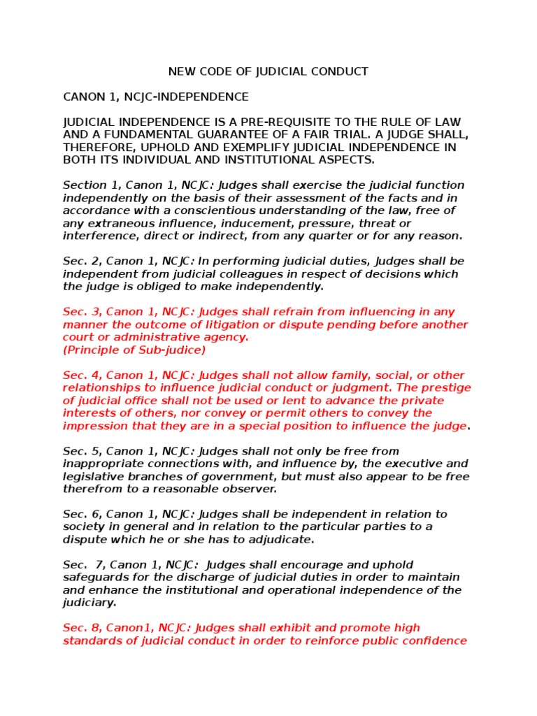 New Code of Judicial Conduct Judiciaries Canon Law
