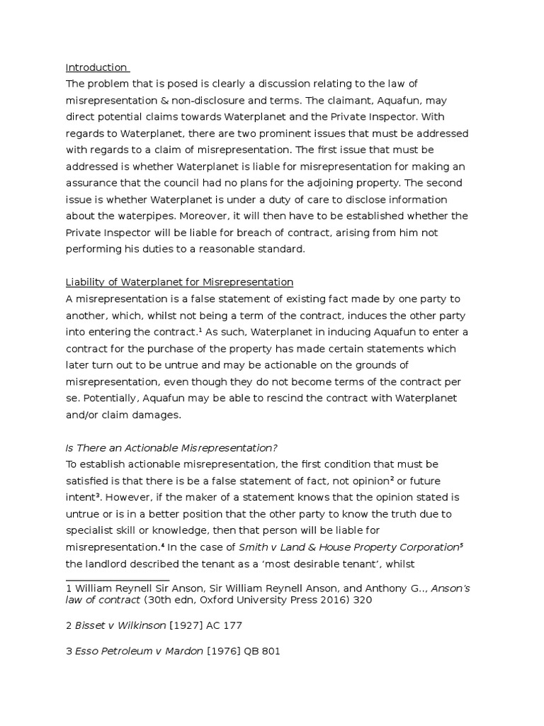 Contract Law Problem Question Answer On Misrepresentation and Terms ...