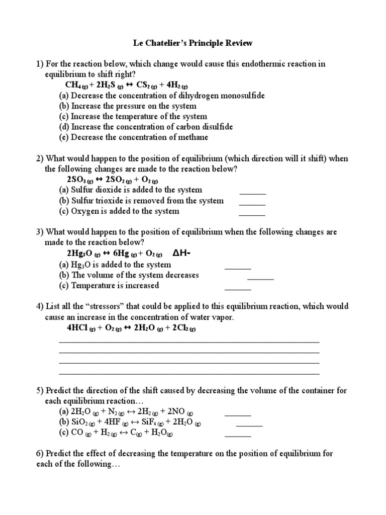 Le Chatelier Practice Chemical Reactions Chemical Equilibrium