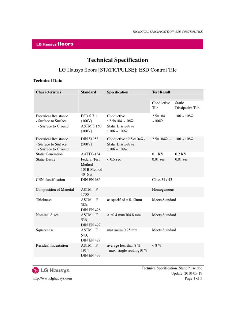Technical Specification LG Hausys Floors (STATICPULSE) ESD Control