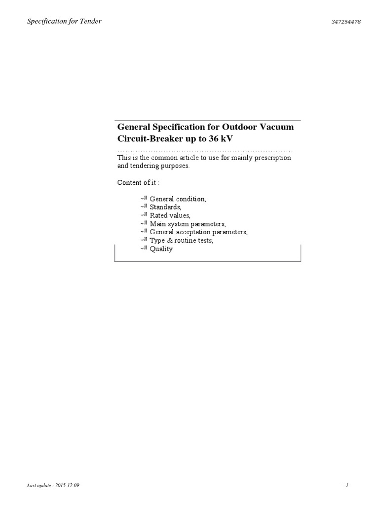 Spec For Tender For Outdoor Vacuum Circuit Breaker 36kv