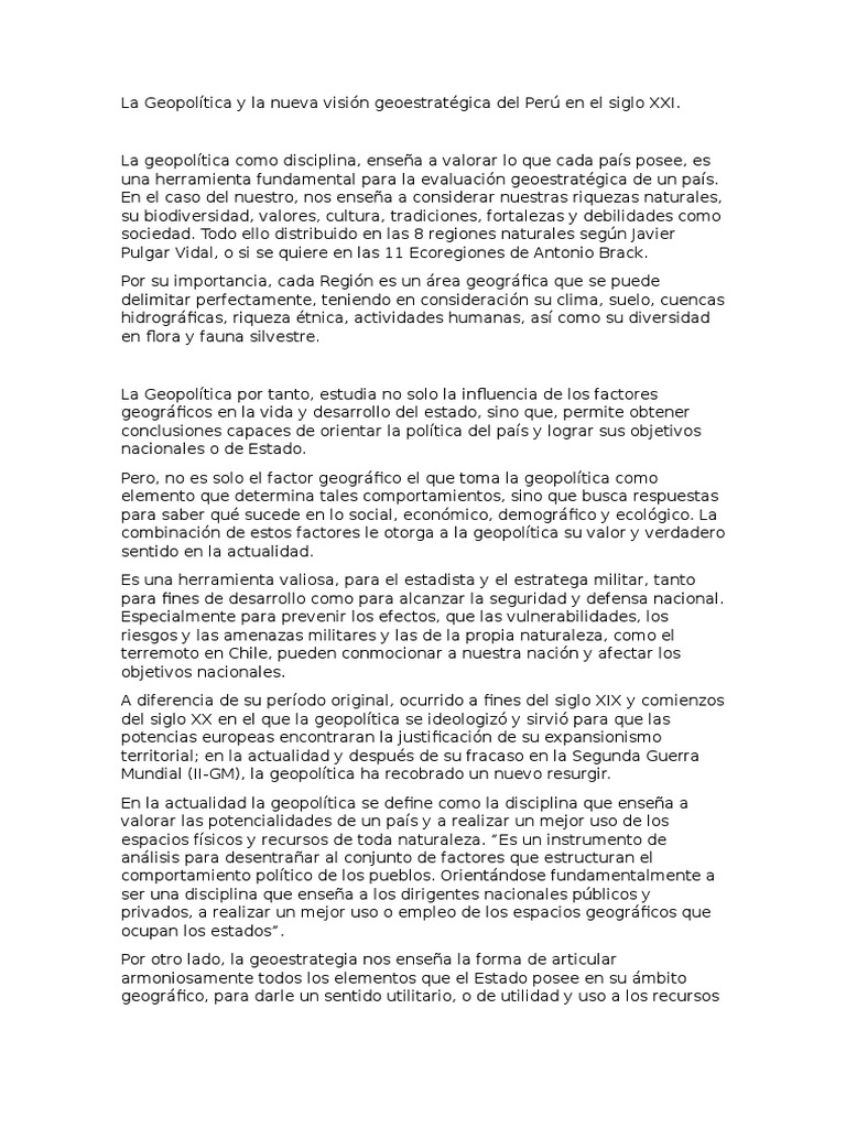 La Geopolítica y La Nueva Visión Geoestratégica Del Perú en El Siglo ...
