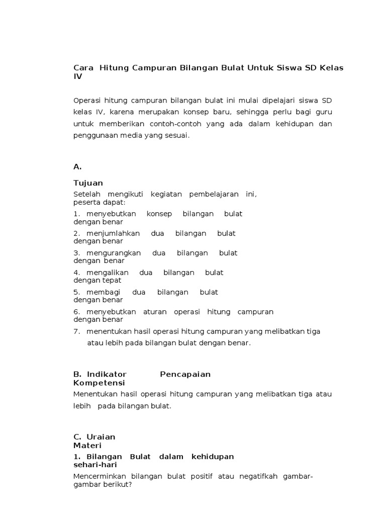 8 Cara Hitung Campuran Bilangan Bulat Untuk Siswa Sd Kelas Iv Pdf