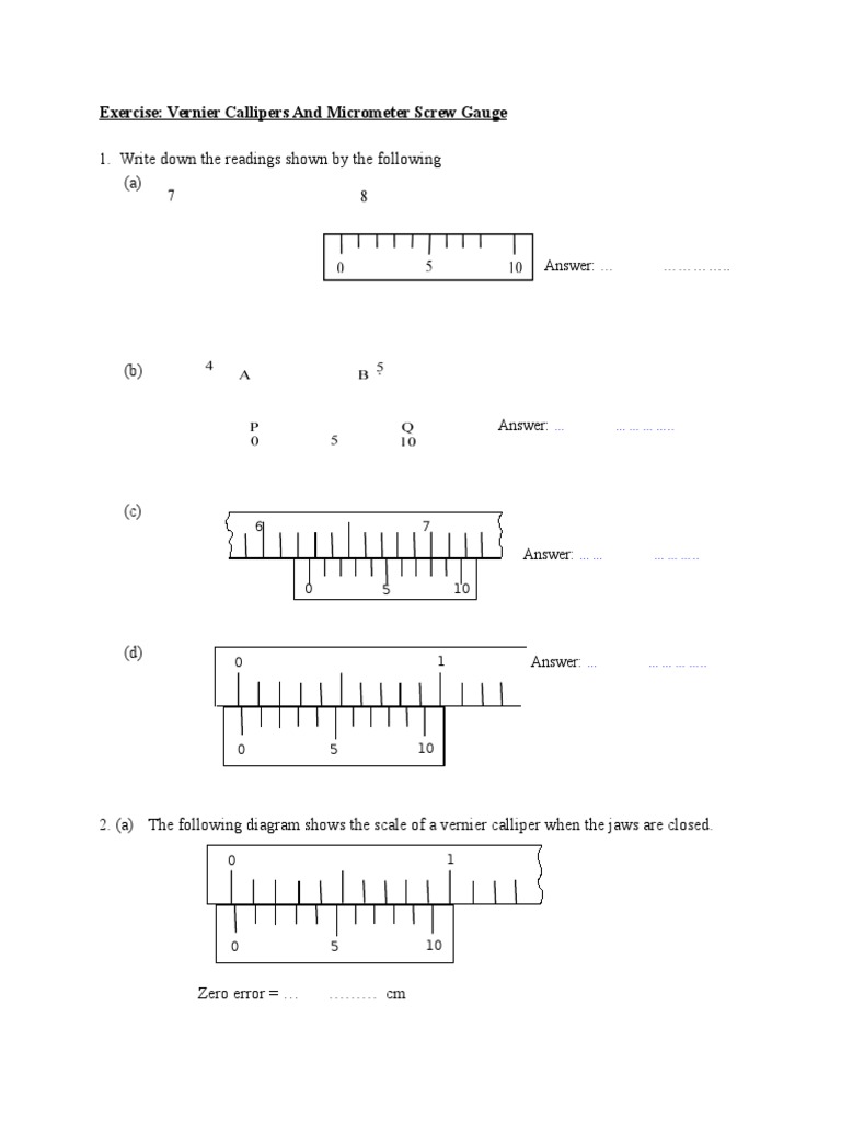 Exercise Vernier Calliper and Micrometer Screw Gauge PDF Tools