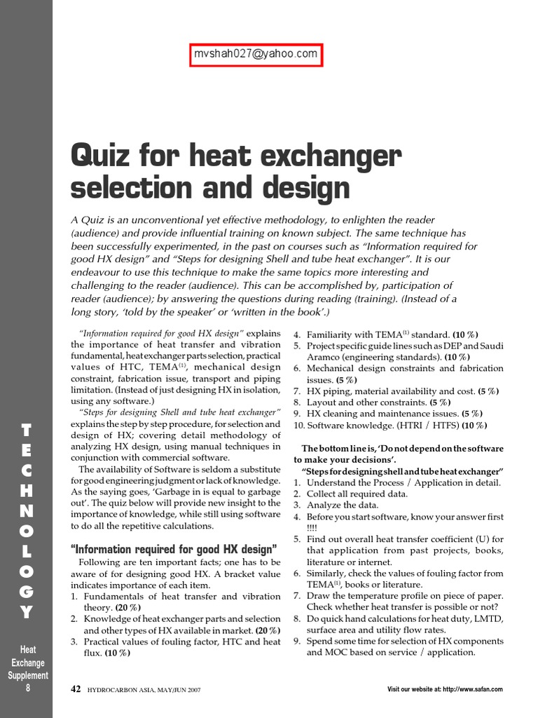 Heat Exchanger Selection and Design Quiz PDF PDF