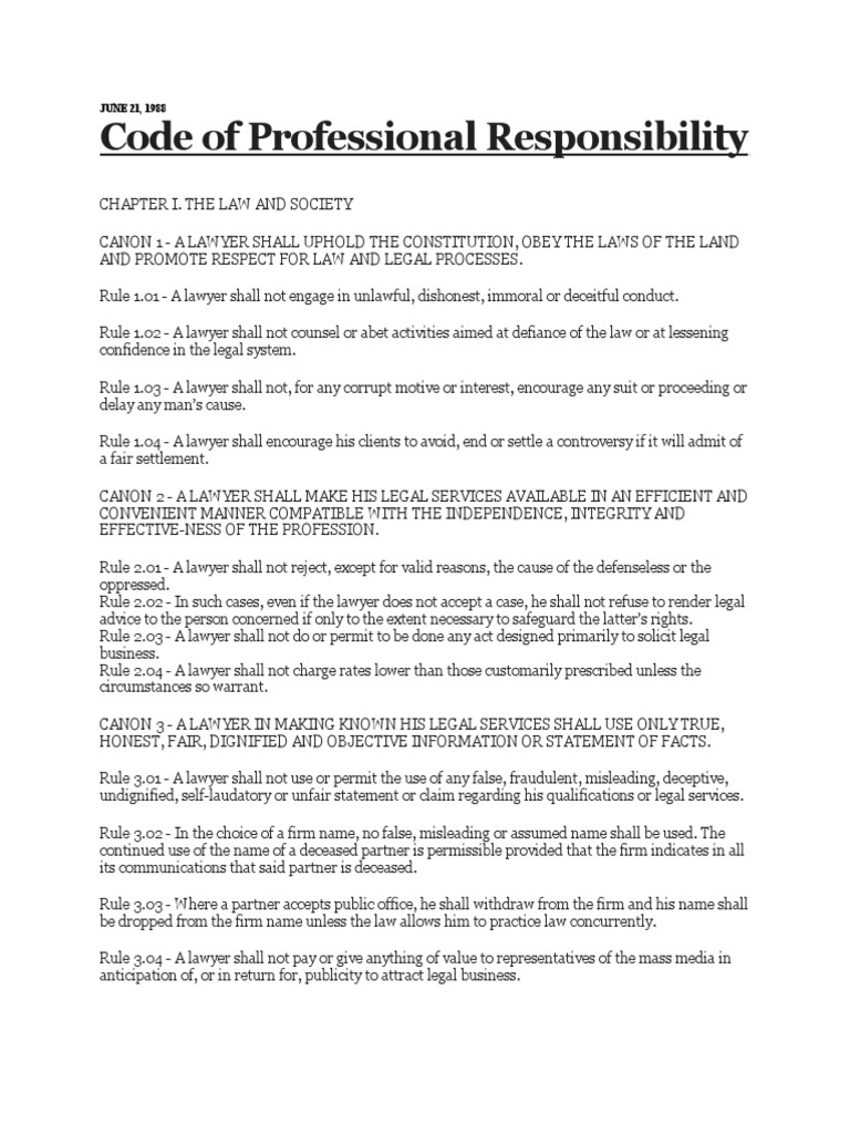 Code of Professional Responsibility PDF Practice Of Law Lawyer