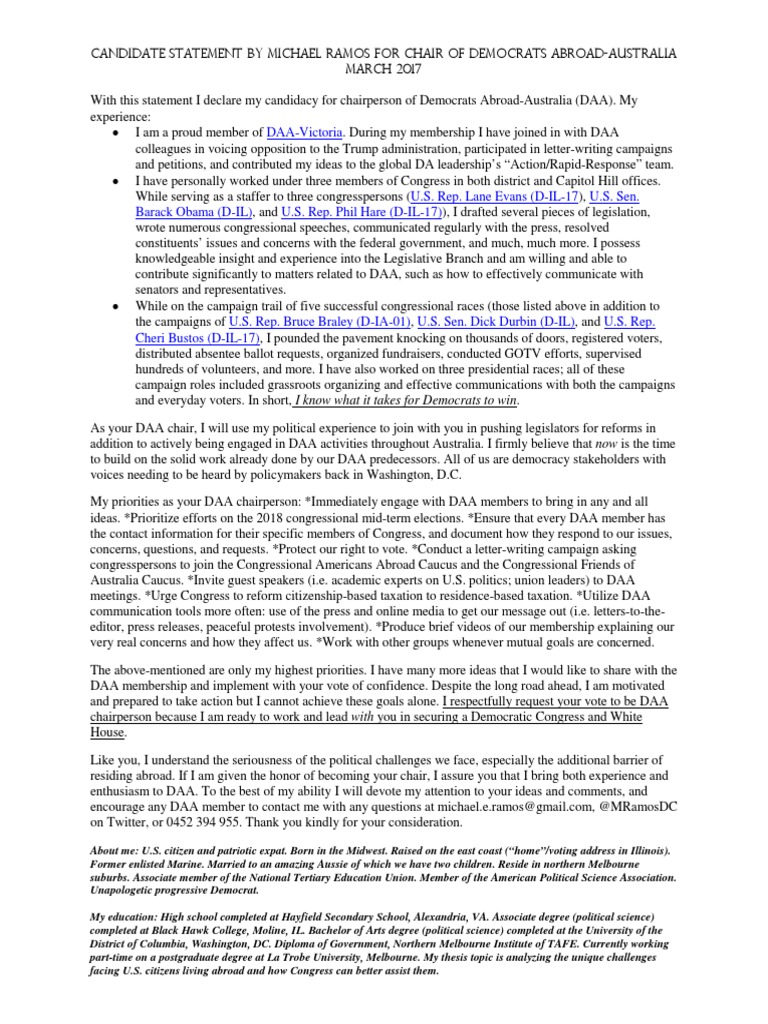 Ramos, Michael Candidate Statement DA-Australia March2017 | PDF ...