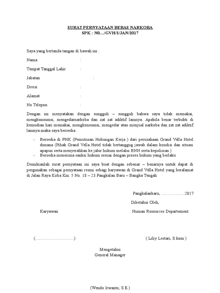Surat Pernyataan Bebas Narkoba