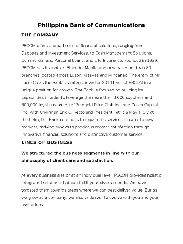 Overview of Philippine Bank of Communications | PDF | United States ...