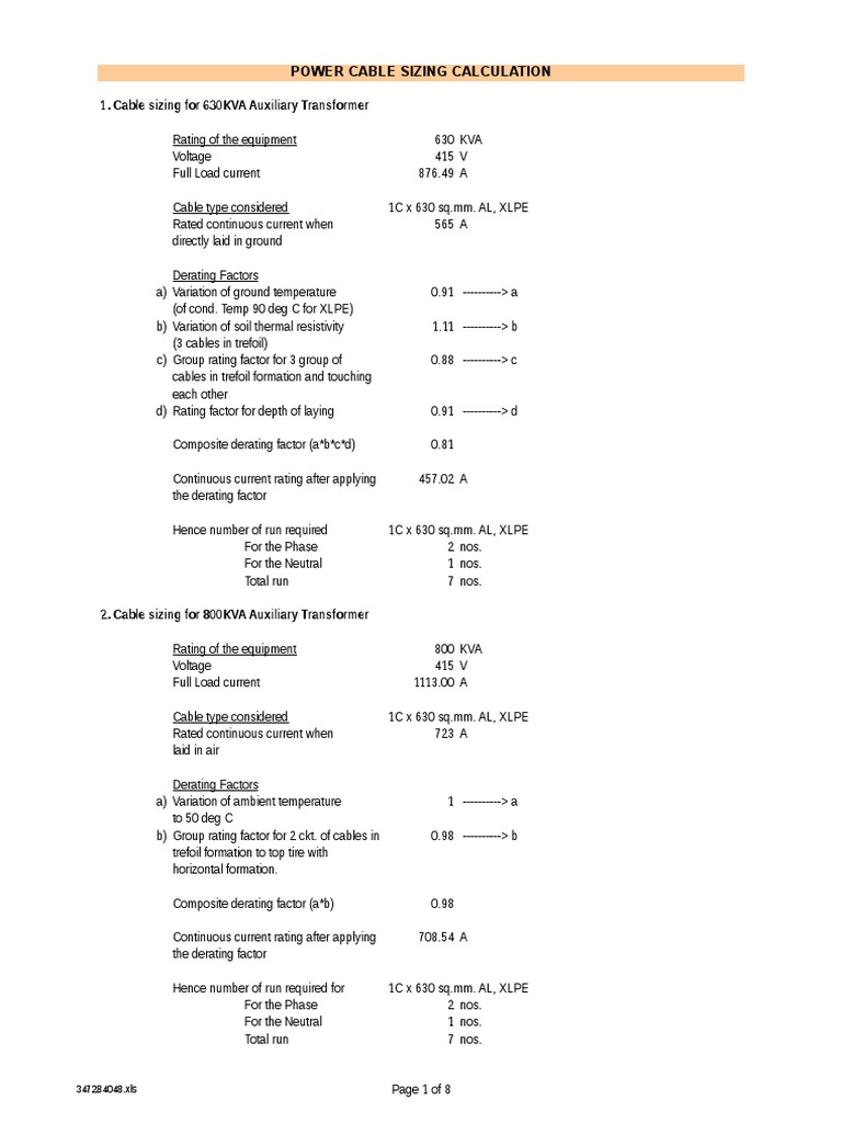 Power Cable Sizing Calculation 1. Cable Sizing For 630KVA Auxiliary