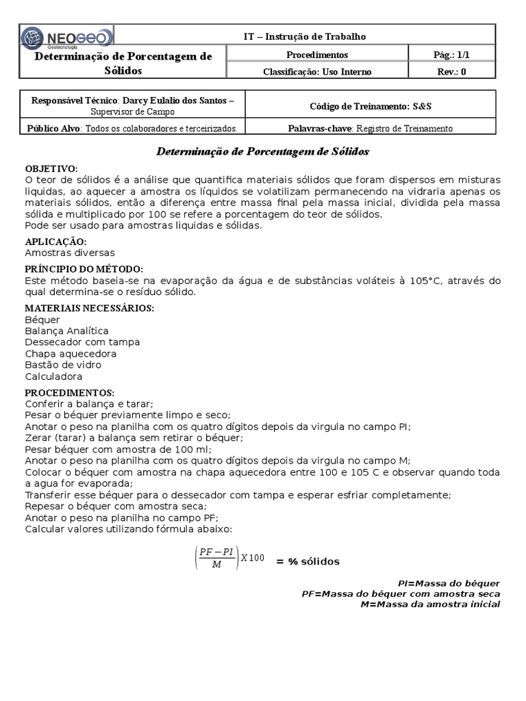 Procedimento para Determinação de Porcentagem de Sólidos | PDF