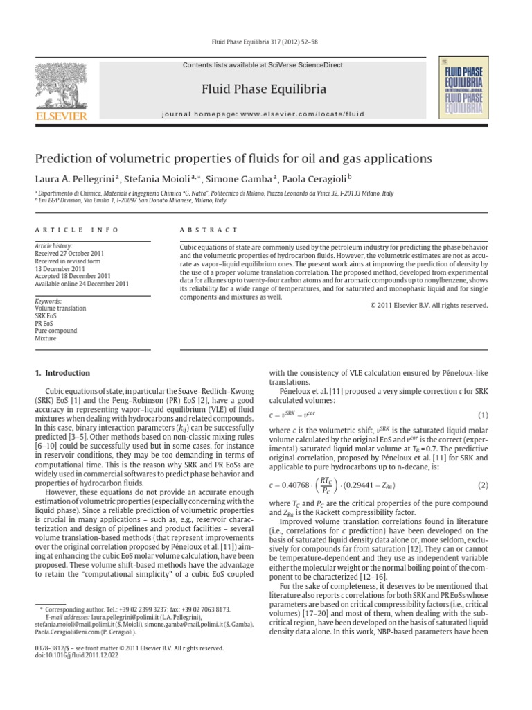 Prediction of Volumetric Properties of Fluids For Oil and Gas ...