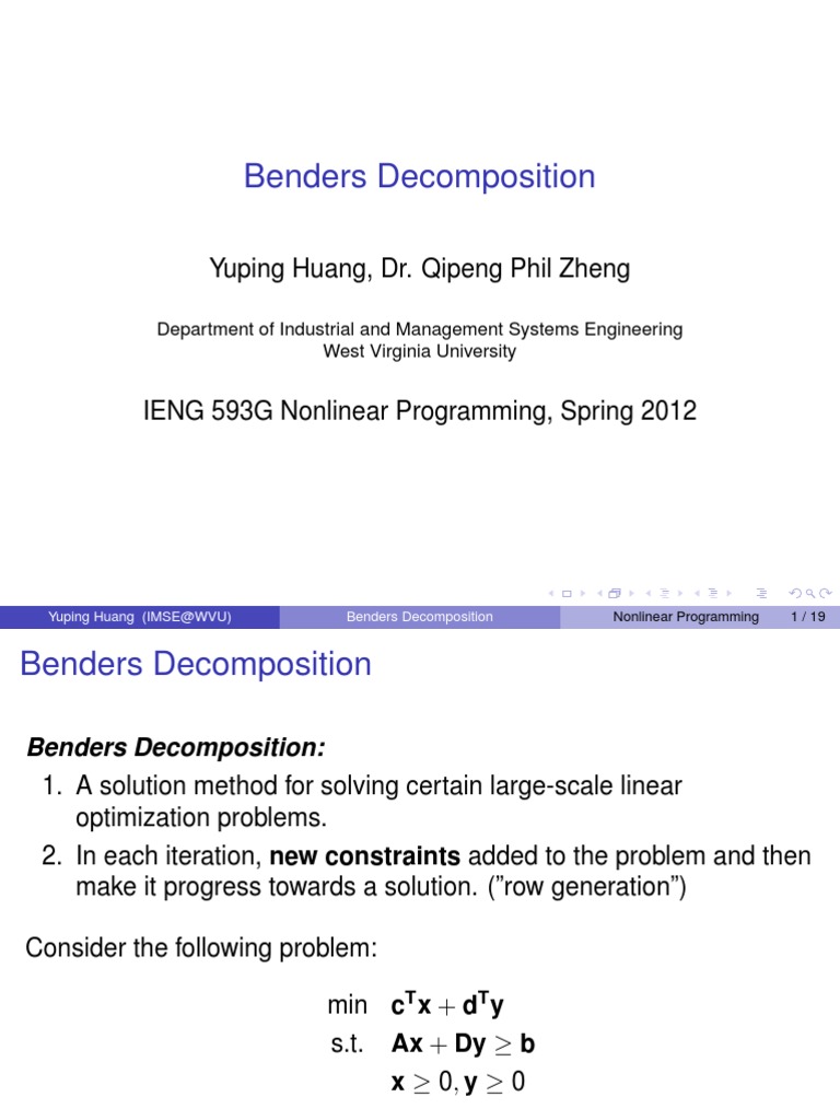 Benders Decomposition in Nonlinear Programming | PDF | Nonlinear ...