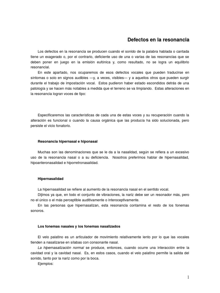 Defectos de Resonancia Vocal: Tipos y Corrección | PDF