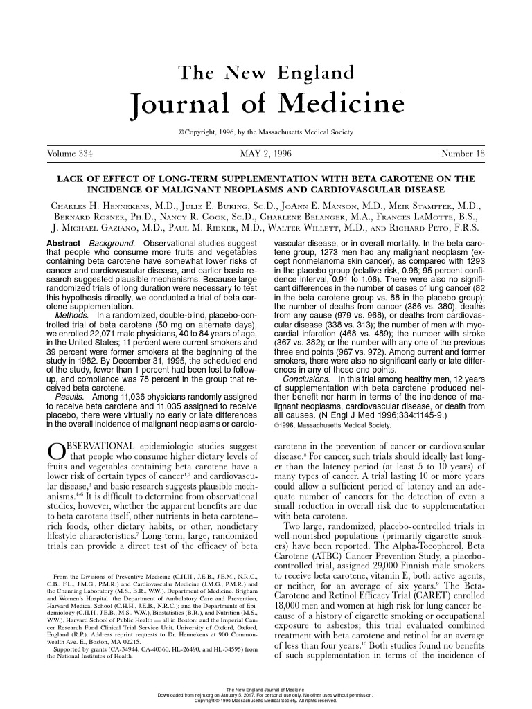 Lack of Effect of LongTerm Supplementation With Beta Carotene On The
