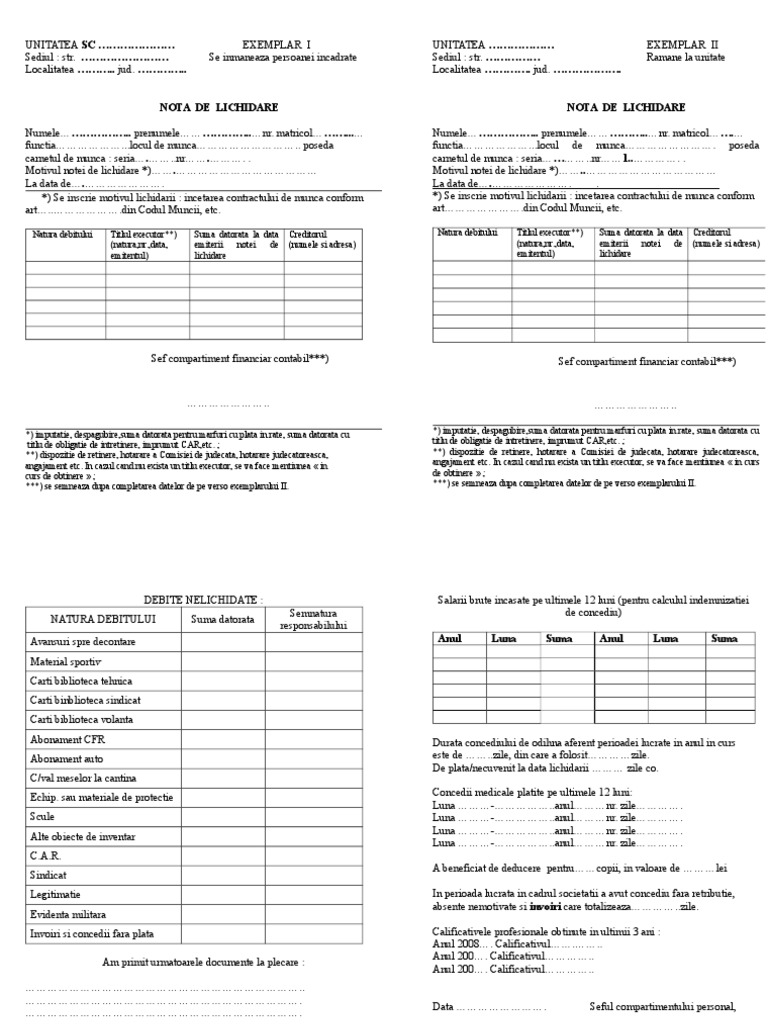 Nota Lichidare | PDF