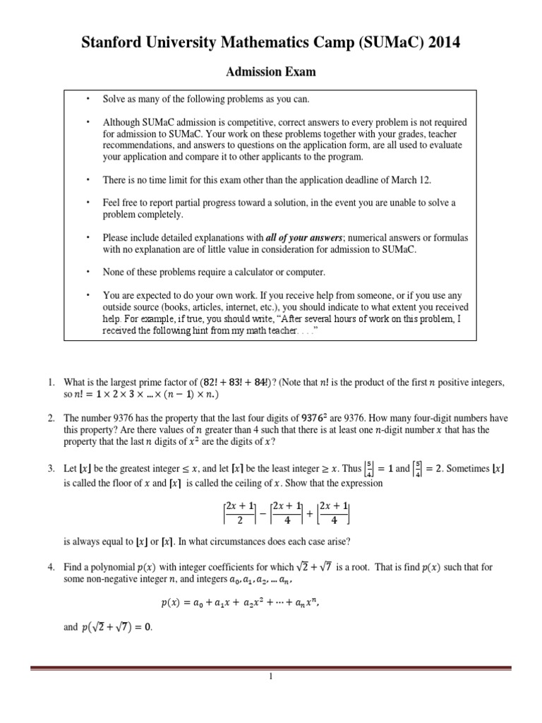 SUMaC 2014 Admission Exam PDF Polynomial Zero Of A Function