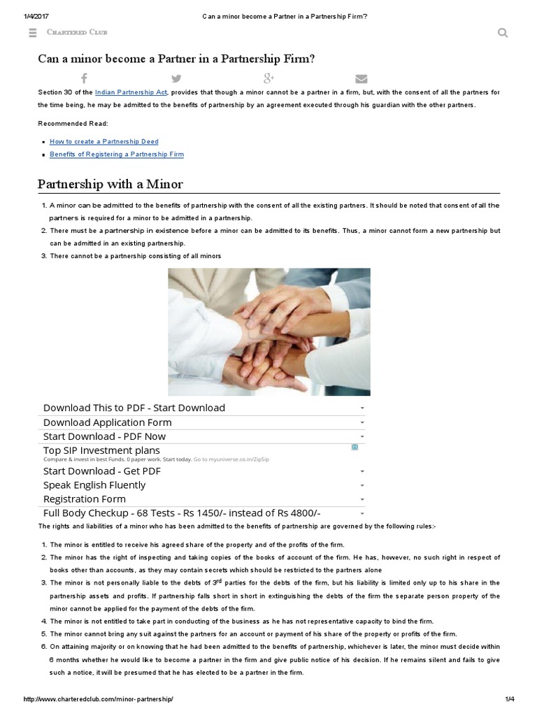 Minor Partnership in India Explained | PDF | Partnership | Corporations