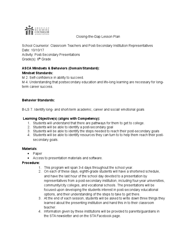 Closing the Gap Lesson Plan Higher Education Goal