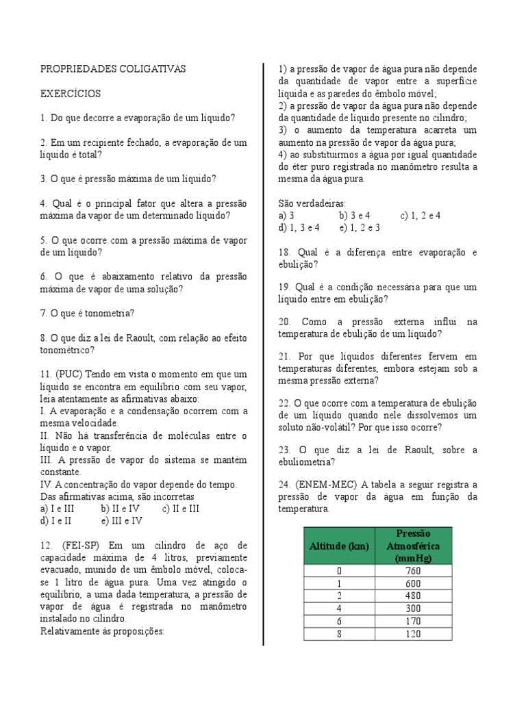 Exercícios sobre Propriedades Coligativas | PDF | Vapor | Osmose