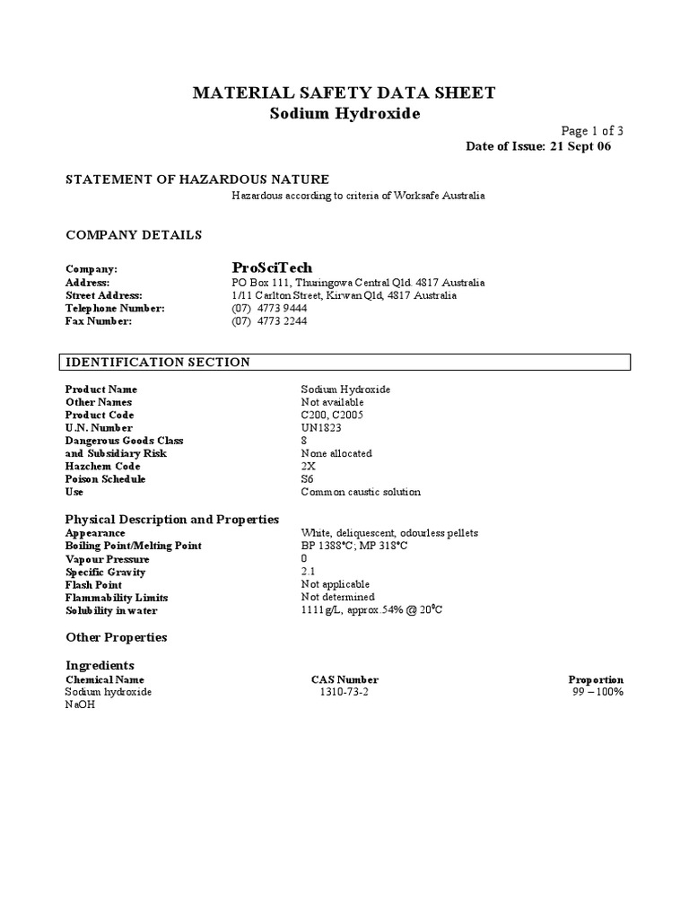 Sodium Hydroxide Safety Data Sheet | PDF | Sodium Hydroxide | Dangerous ...