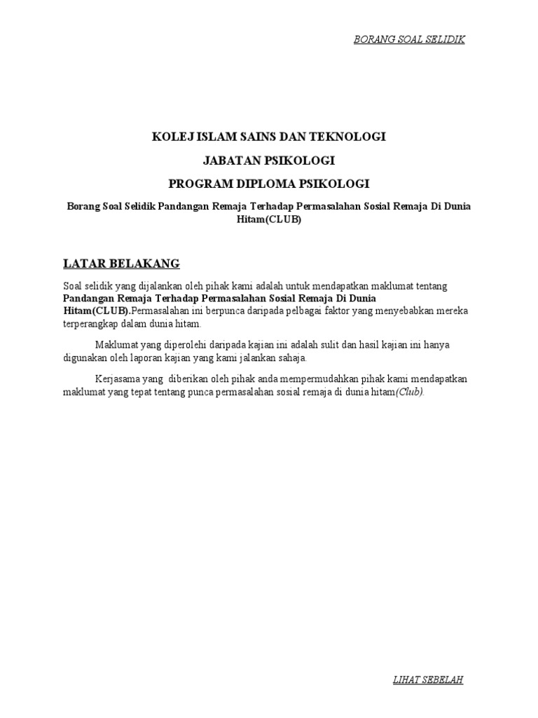 Borang Soal Selidik. Borang Soal Selidik.